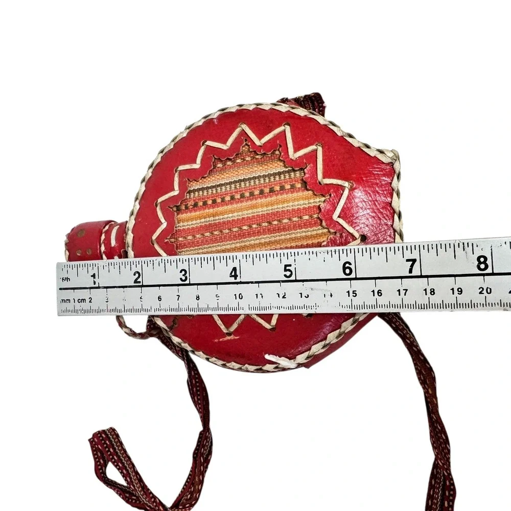 Vintage Red Leather Wrapped Glass Canteen Woven Strap Southwestern Folk Art Boho